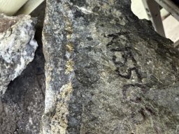 sample k155053 from outcrop exposure near drill hole az25-004 intensely altered diorite with band of chalcopyrite minor bornite and pyrite